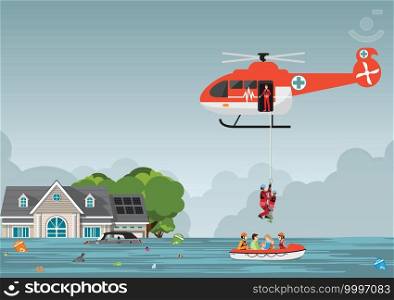 Rescue team with rescue helicopter and boat rescue in mission rescue at sea or flood, vector illustration.