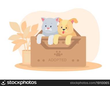 Rescued pets in box 2D vector isolated illustration. Saving animals. Dog and cat in container for shelter. Cute kitten and puppy flat characters on cartoon background. Adoption colourful scene. Rescued pets in box 2D vector isolated illustration