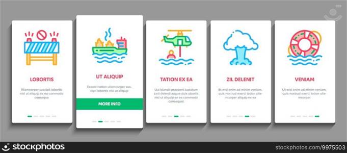 Rescuer Equipment Onboarding Mobile App Page Screen Vector. Rescue Dog And Truck, Helicopter And Lifebuoy, Tornado And Tsunami, Ship Fire And Explosion Illustrations. Rescuer Equipment Onboarding Elements Icons Set Vector