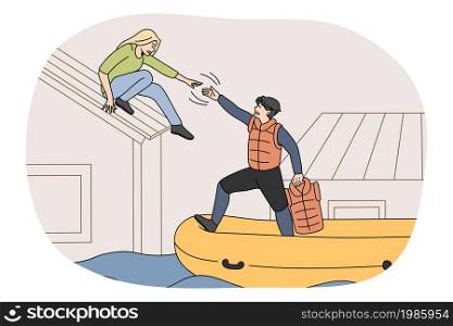 Rescuer on boat help people from flooded house during natural disaster in city. Professional helper give hand to stressed woman during deluge cataclysm. Waterflooding. Flat vector illustration. . Rescuer on boat help people from flooded house