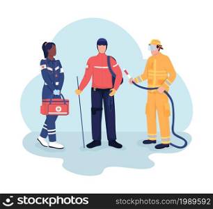 Rescuers 2D vector isolated illustration. Social service people. Lifesaver and fireman. Woman and man in uniform flat characters on cartoon background. Emergency situation help colourful scene. Rescuers 2D vector isolated illustration