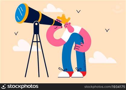 Research, analysis, monitoring through binoculars concept. Young businessman cartoon character standing looking to future opportunities with spyglass vector illustration. Research, analysis, monitoring through binoculars concept.