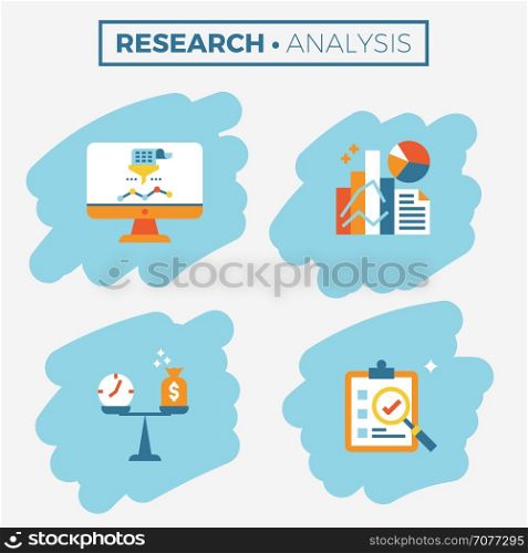 Research and analysis icon illustration concept in flat design for business web, website, app, report