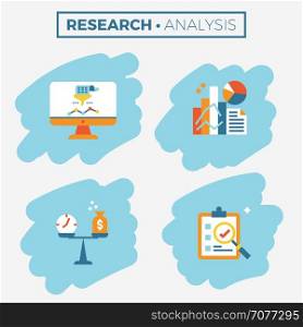 Research and analysis icon illustration concept in flat design for business web, website, app, report