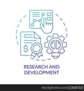 Research and development blue gradient concept icon. Marketing study. Helping program for entrepreneurs abstract idea thin line illustration. Isolated outline drawing. Myriad Pro-Bold font used. Research and development blue gradient concept icon