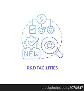 Research and development facilities blue gradient concept icon. Business environment in India abstract idea thin line illustration. Isolated outline drawing. Roboto-Medium, Myriad Pro-Bold fonts used. Research and development facilities blue gradient concept icon