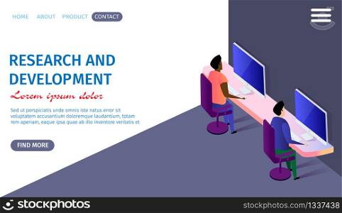 Research and Development Horizontal Banner with Copy Space. Two Multinational Men in Casual Clothes Sitting at Computer Monitors on Chairs on Gradient Background. 3d Flat Vector Isometric Illustration