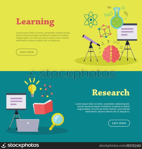 Research and Learning Web Banners. Research and learning web banners. Laboratory template of flyear. Learning infographic concept background. Scientific research, science lab, science test, technology illustration in flat.