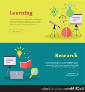 Research and Learning Web Banners. Research and learning web banners. Laboratory template of flyear. Learning infographic concept background. Scientific research, science lab, science test, technology illustration in flat.