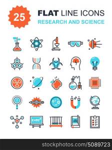Research and Science. Abstract vector collection of flat line research and science icons. Elements for mobile and web applications.