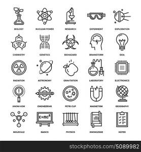Research and Science. Abstract vector collection of line research and science icons. Elements for mobile and web applications.