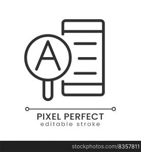 Research article pixel perfect linear icon. Website with useful information. Online publication. Thin line illustration. Contour symbol. Vector outline drawing. Editable stroke. Poppins font used. Research article pixel perfect linear icon
