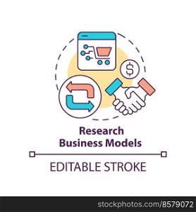 Research business models concept icon. Starting ecommerce business step abstract idea thin line illustration. Isolated outline drawing. Editable stroke. Arial, Myriad Pro-Bold fonts used. Research business models concept icon