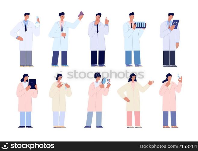 Research characters. Lab scientist, science doctors team. Medical laboratory, chemistry biotechnology or pharmacy utter vector set flat persons. Illustration research science, laboratory scientist. Research characters. Lab scientist, science doctors team. Medical laboratory, chemistry biotechnology or pharmacy utter vector set flat persons