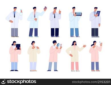 Research characters. Lab scientist, science doctors team. Medical laboratory, chemistry biotechnology or pharmacy utter vector set flat persons. Illustration research science, laboratory scientist. Research characters. Lab scientist, science doctors team. Medical laboratory, chemistry biotechnology or pharmacy utter vector set flat persons