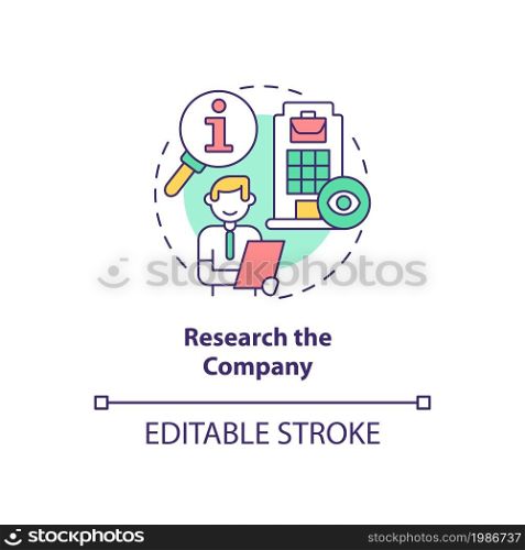 Research company concept icon. Preparing for interview abstract idea thin line illustration. Job position. Know info about organization. Vector isolated outline color drawing. Editable stroke. Research company concept icon