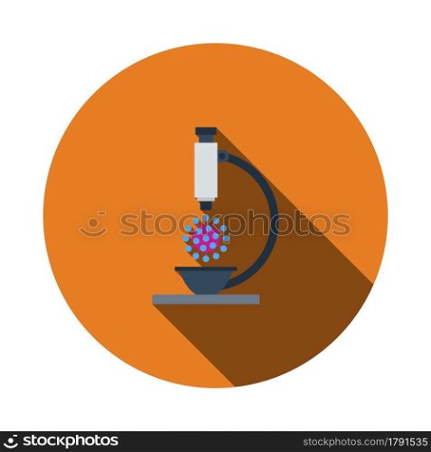 Research Coronavirus By Microscope Icon. Flat Circle Stencil Design With Long Shadow. Vector Illustration.