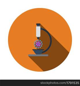 Research Coronavirus By Microscope Icon. Flat Circle Stencil Design With Long Shadow. Vector Illustration.