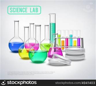 Research Equipment Liquids Composition. Laboratory bottles composition with color liquids in jars realistic glass tubes flat vector illustration