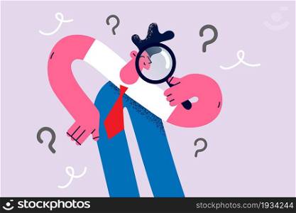 Research, investigation and curiosity concept. Young positive businessman cartoon character standing looking at something with magnifier trying to find something vector illustration . Research, investigation and curiosity concept.