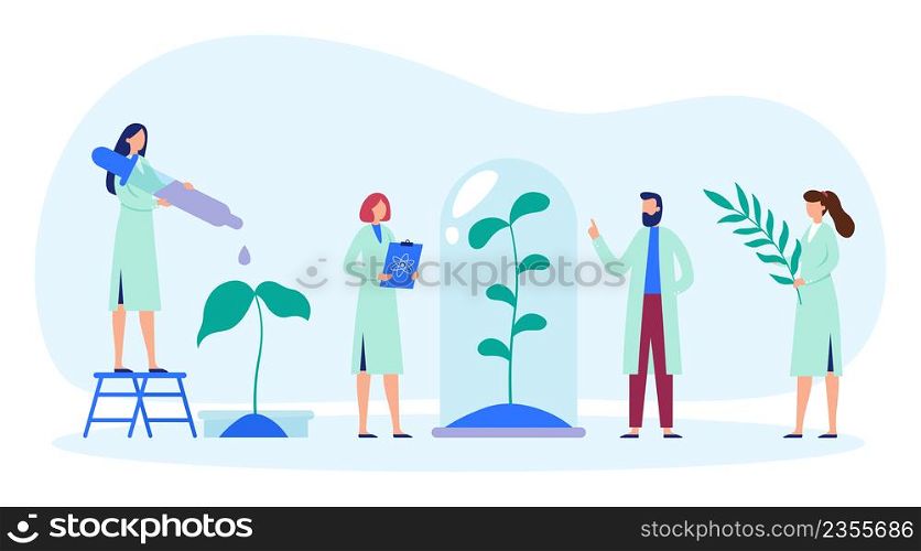 Research laboratory. Scientists researching and examining plant growth. Biologist standing on ladder and dropping liquid. Cartoon people in robs working with chemicals in lab vector illustration. Research laboratory. Scientists researching and examining plant growth. Biologist standing on ladder