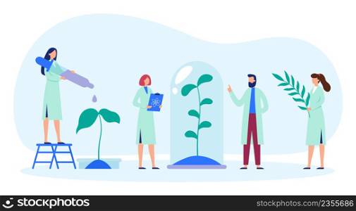 Research laboratory. Scientists researching and examining plant growth. Biologist standing on ladder and dropping liquid. Cartoon people in robs working with chemicals in lab vector illustration. Research laboratory. Scientists researching and examining plant growth. Biologist standing on ladder