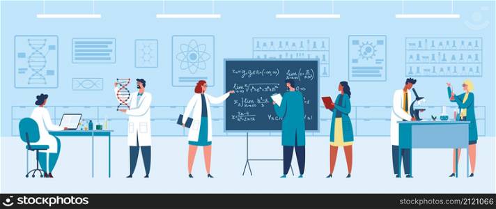 Research laboratory, team scientists researching and observing. Vector research experiment in laboratory, science illustration. Research laboratory, team scientists researching and observing
