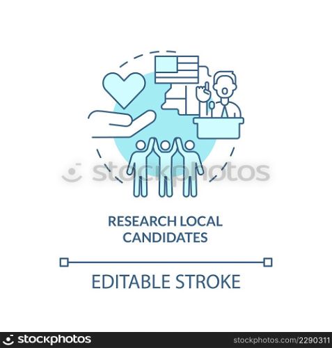 Research local candidates turquoise concept icon. Helping homeless people abstract idea thin line illustration. Isolated outline drawing. Editable stroke. Arial, Myriad Pro-Bold fonts used. Research local candidates turquoise concept icon