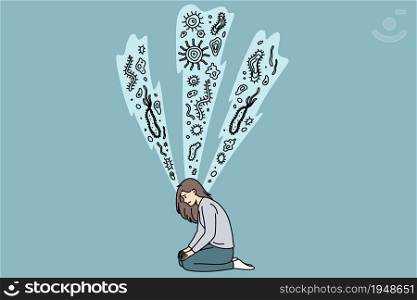 Research of bacterias and microorganisms concept. Young woman sitting on knees looking down searching for bacterias microorganisms vector illustration. Research of bacterias and microorganisms concept
