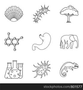 Research of organism icons set. Outline set of 9 research of organism vector icons for web isolated on white background. Research of organism icons set, outline style