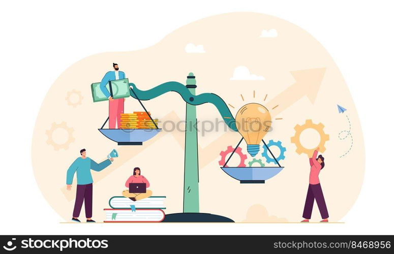 Research of tiny employees price innovation on unbalanced scales. Business people working on creative ideas worth of money investment flat vector illustration. Valuation of financial profit concept. Research of tiny employees price innovation on unbalanced scales