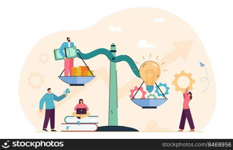 Research of tiny employees price innovation on unbalanced scales. Business people working on creative ideas worth of money investment flat vector illustration. Valuation of financial profit concept. Research of tiny employees price innovation on unbalanced scales