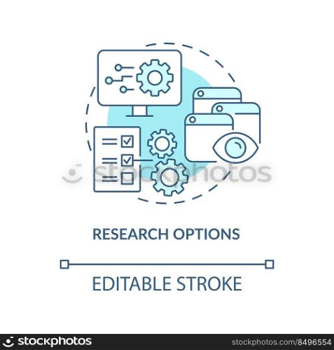 Research options turquoise concept icon. Picking good CMS abstract idea thin line illustration. Business website. Isolated outline drawing. Editable stroke. Arial, Myriad Pro-Bold fonts used. Research options turquoise concept icon