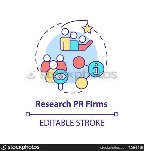 Research PR firms concept icon. Business promotion. Hiring agency abstract idea thin line illustration. Isolated outline drawing. Editable stroke. Arial, Myriad Pro-Bold fonts used. Research PR firms concept icon