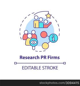 Research PR firms concept icon. Business promotion. Hiring agency abstract idea thin line illustration. Isolated outline drawing. Editable stroke. Arial, Myriad Pro-Bold fonts used. Research PR firms concept icon