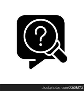 Research question black glyph icon. Looking for necessary information online. Question mark and magnifying glass. Silhouette symbol on white space. Solid pictogram. Vector isolated illustration. Research question black glyph icon
