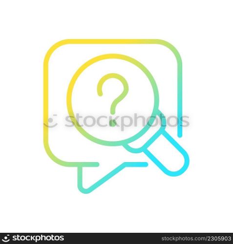 Research question gradient linear vector icon. Looking for information. Question mark and magnifier glass. Thin line color symbol. Modern style pictogram. Vector isolated outline drawing. Research question gradient linear vector icon