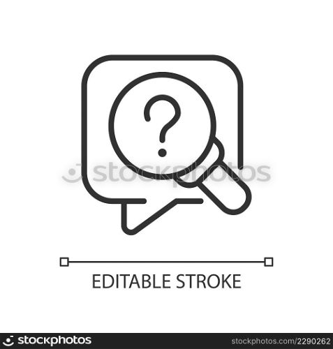 Research question linear icon. Looking for information. Question mark and magnifier glass. Thin line illustration. Contour symbol. Vector outline drawing. Editable stroke. Arial font used. Research question linear icon