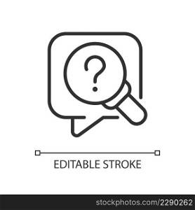 Research question linear icon. Looking for information. Question mark and magnifier glass. Thin line illustration. Contour symbol. Vector outline drawing. Editable stroke. Arial font used. Research question linear icon