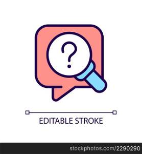 Research question RGB color icon. Looking for information. Question mark and magnifier glass. Isolated vector illustration. Simple filled line drawing. Editable stroke. Arial font used. Research question RGB color icon