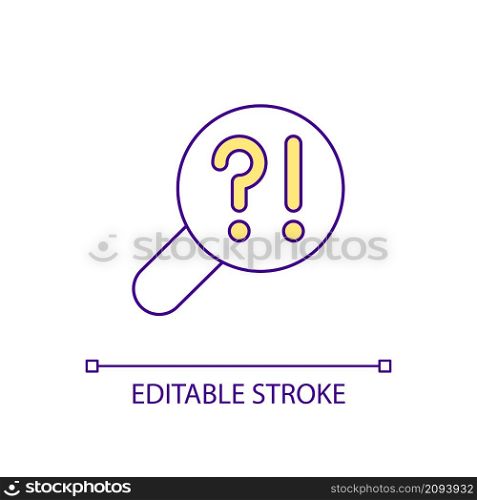 Research questions RGB color icon. Finding solution for problem. Systematic investigation. Data analysis. Isolated vector illustration. Simple filled line drawing. Editable stroke. Arial font used. Research questions RGB color icon