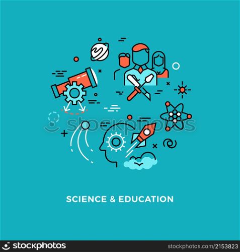 Research science and education. Mind development, creativity work. Vector line icons for school medicine pharmacy or chemistry industry. Illustration education and research science development. Research science and education. Mind development, creativity work. Vector line icons for school medicine pharmacy or chemistry industry