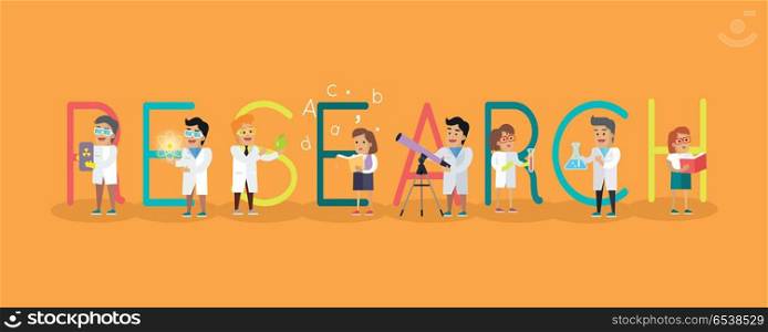Research Science Banner. Human Characters in Gowns. Research science banner. Human characters in white gowns with scientific equipment. Educational concept. Health care. Vector illustration in flat style. For education sources ad, infographics, web