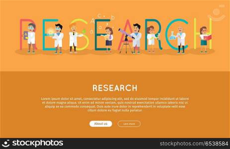 Research Science Banner. Human Characters in Gowns. Research science banner. Human characters in white gowns with scientific instruments. Educational concept. Health care. Vector illustration in flat style. For education sources ad, infographics, web