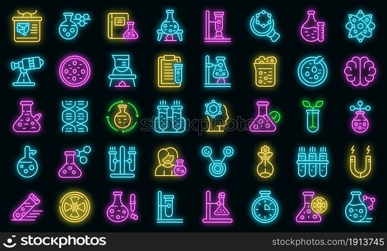 Research scientist icons set. Outline set of research scientist vector icons neon color on black. Research scientist icons set vector neon