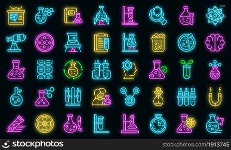 Research scientist icons set. Outline set of research scientist vector icons neon color on black. Research scientist icons set vector neon