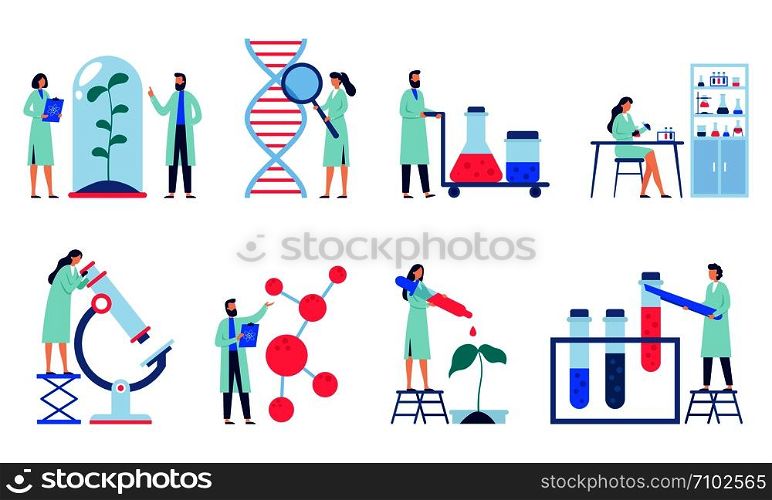 Research scientist. Science laboratory, chemistry scientists and clinical lab. Medical research items, clinical science laboratories experiments. Isolated flat vector illustration icons set. Research scientist. Science laboratory, chemistry scientists and clinical lab isolated flat vector illustration set
