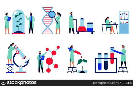 Research scientist. Science laboratory, chemistry scientists and clinical lab. Medical research items, clinical science laboratories experiments. Isolated flat vector illustration icons set. Research scientist. Science laboratory, chemistry scientists and clinical lab isolated flat vector illustration set