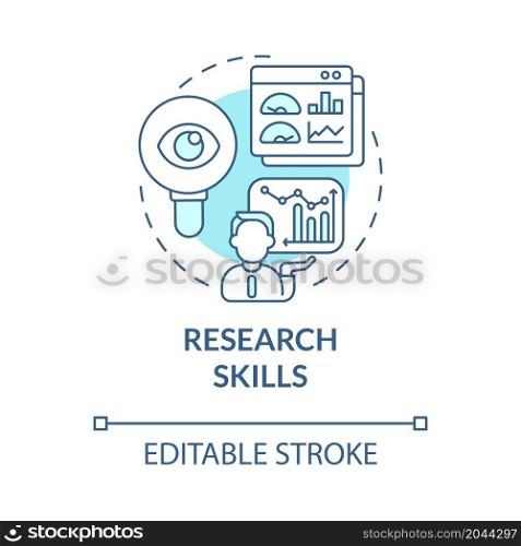 Research skills turquoise blue concept icon. Business analyzing process. Marketing strategy of company development abstract idea thin line illustration. Vector isolated outline color drawing. Editable stroke. Research skills turquoise blue concept icon
