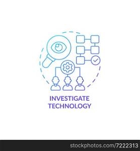 Research technology concept icon. Identify and examine problem. Data gathering and analysis. Innovative solution execution abstract idea thin line illustration. Vector isolated outline color drawing. Research technology concept icon